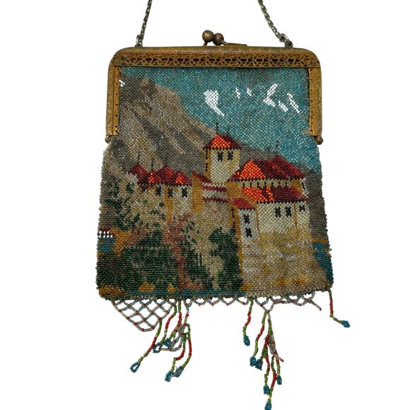1920s Antique Beaded Scenic Purse Castle Design Enamel Frame VTG - Picture 3 of 10